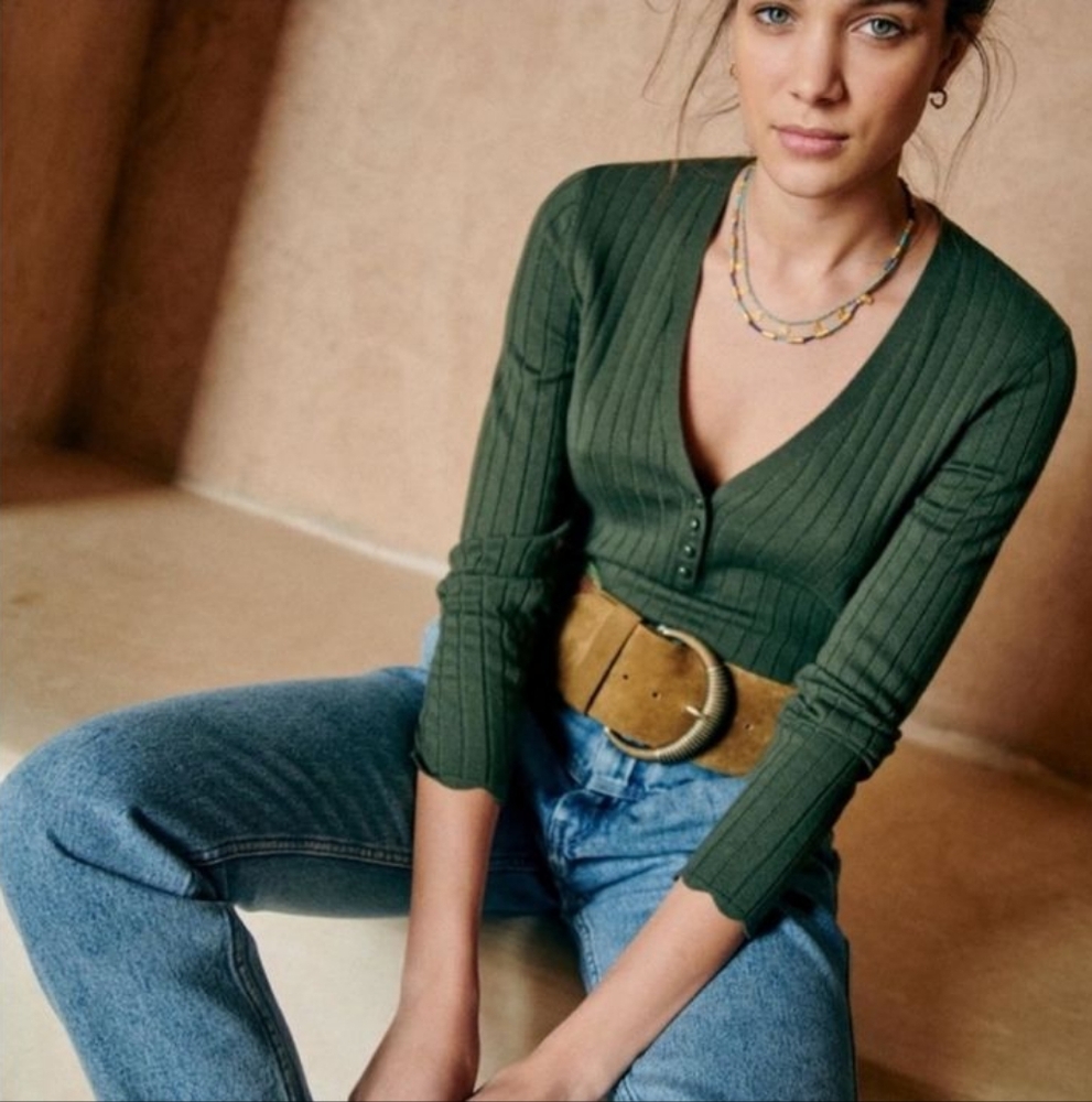 Sezane Lou Kaki Forest Green Merino Wool Cotton V Neck Jumper Sweater Size S
